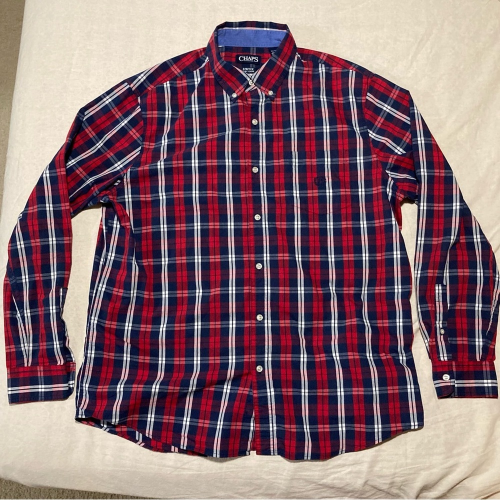 CHAPS Red, White, & Blue Button Down Long Sleeve Shirt | Stretch Easy‎ Care